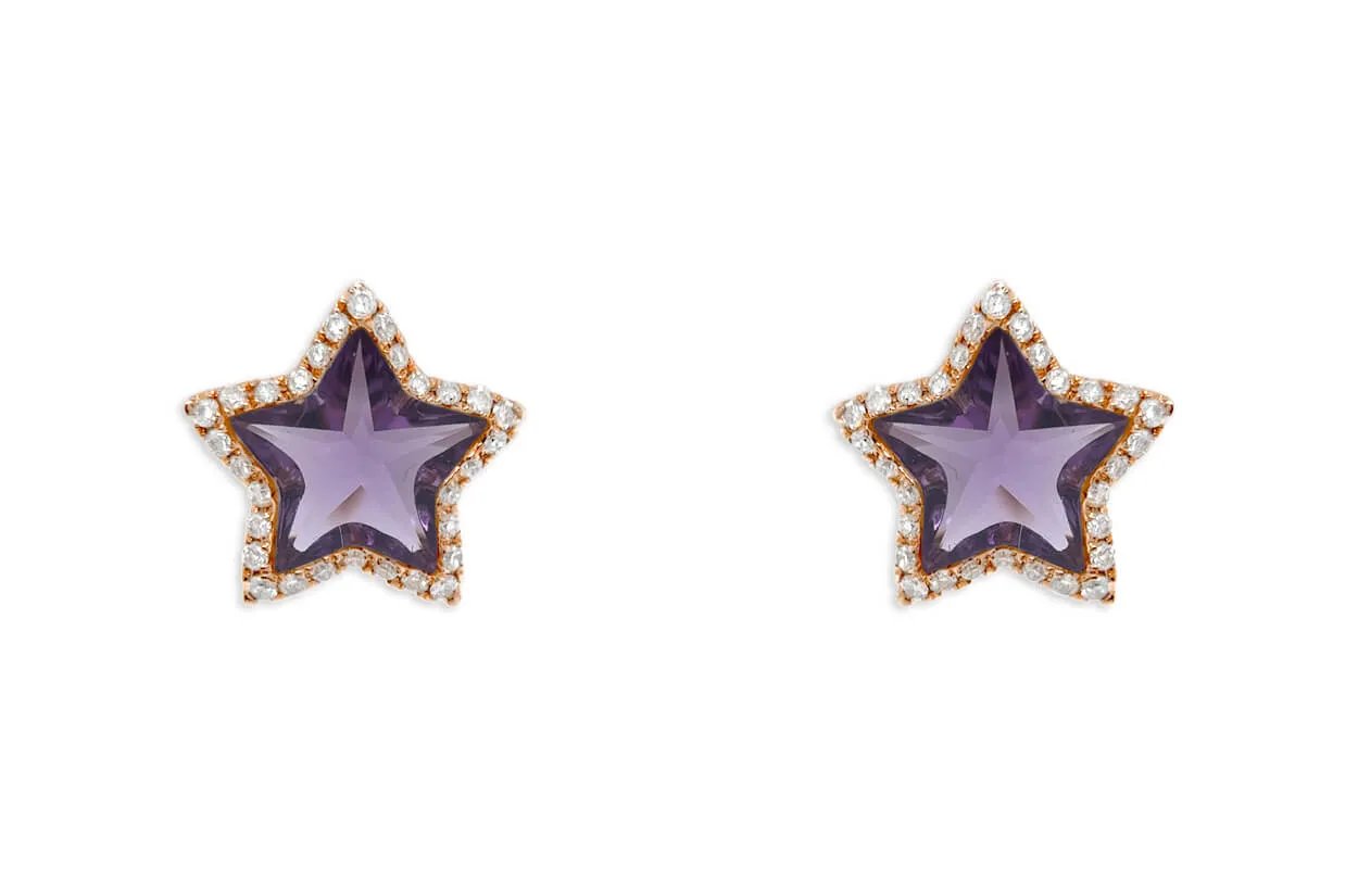 Earrings 18kt Gold Stars Amethyst & Diamonds Halo Studs