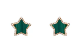 Earrings 18kt Gold Stars Malachite & Diamonds Halo Studs