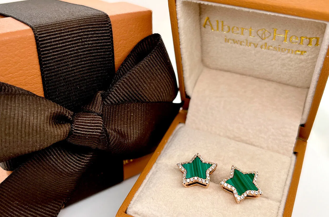 Earrings 18kt Gold Stars Malachite & Diamonds Halo Studs