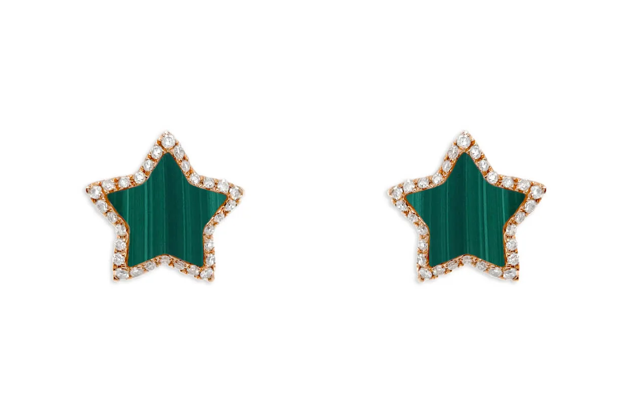 Earrings 18kt Gold Stars Malachite & Diamonds Halo Studs