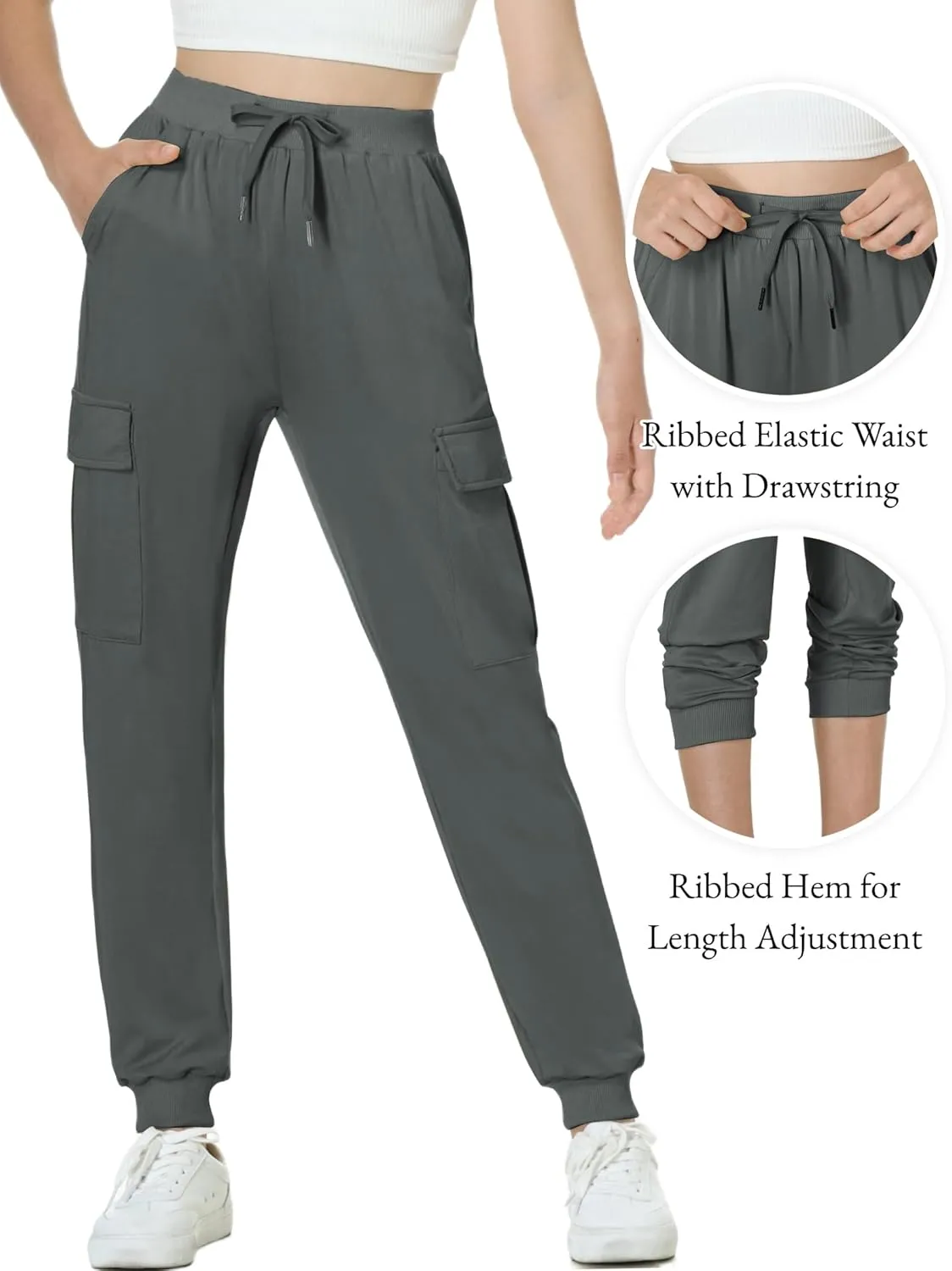 EXARUS Girls Cargo Pants Joggers Slim Fit with Zip Pockets Kids Quick Dry Lightweight Drawstring High Waisted 8-14Y