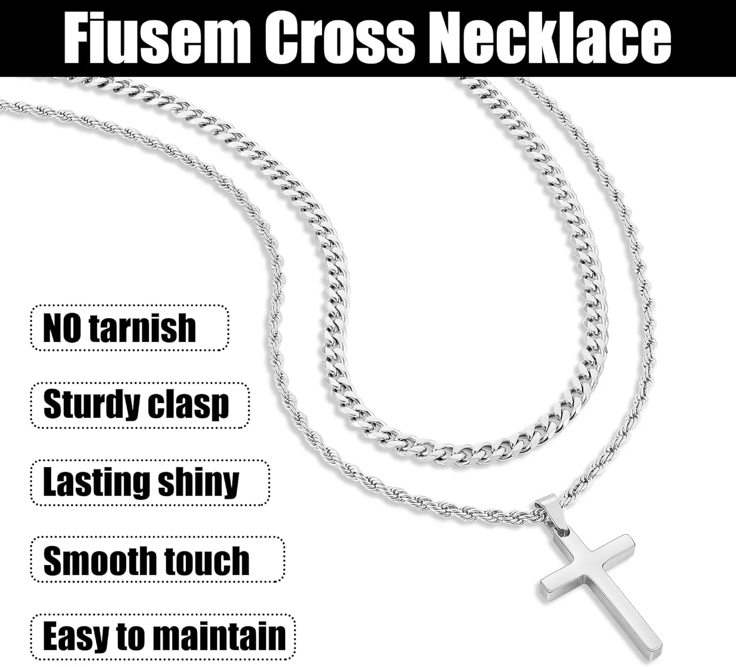 Fiusem 2 Pcs Cross Necklace Chain for Men and Women, Layered Mens Cross Necklaces Stainless Steel Pendant Cuban Link Rope Chain 16-26 Inch, Jewelry Gift