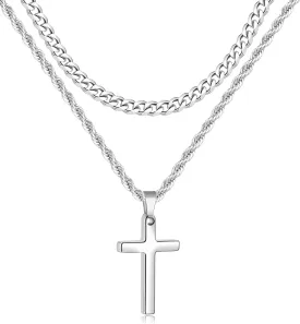 Fiusem 2 Pcs Cross Necklace Chain for Men and Women, Layered Mens Cross Necklaces Stainless Steel Pendant Cuban Link Rope Chain 16-26 Inch, Jewelry Gift