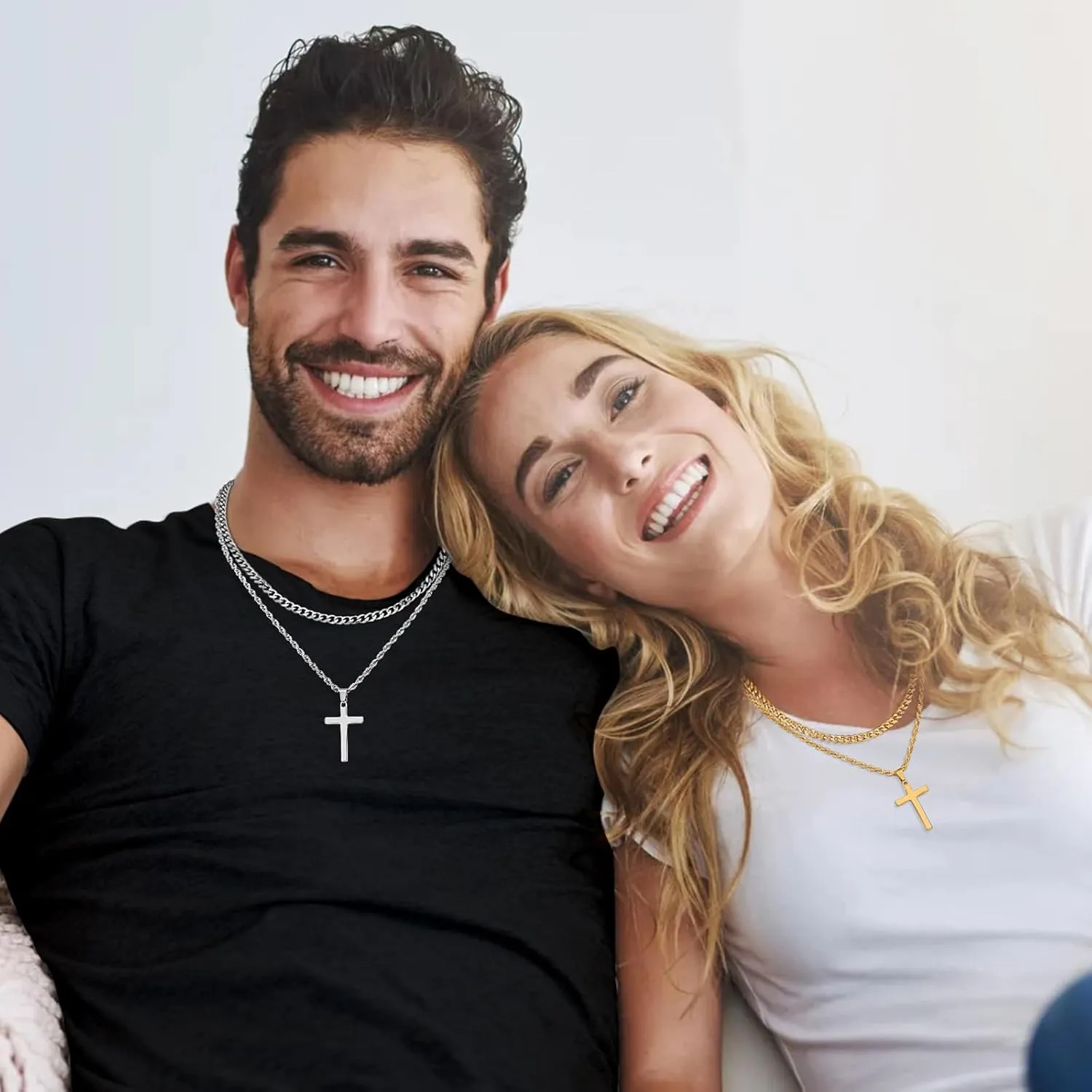 Fiusem 2 Pcs Cross Necklace Chain for Men and Women, Layered Mens Cross Necklaces Stainless Steel Pendant Cuban Link Rope Chain 16-26 Inch, Jewelry Gift