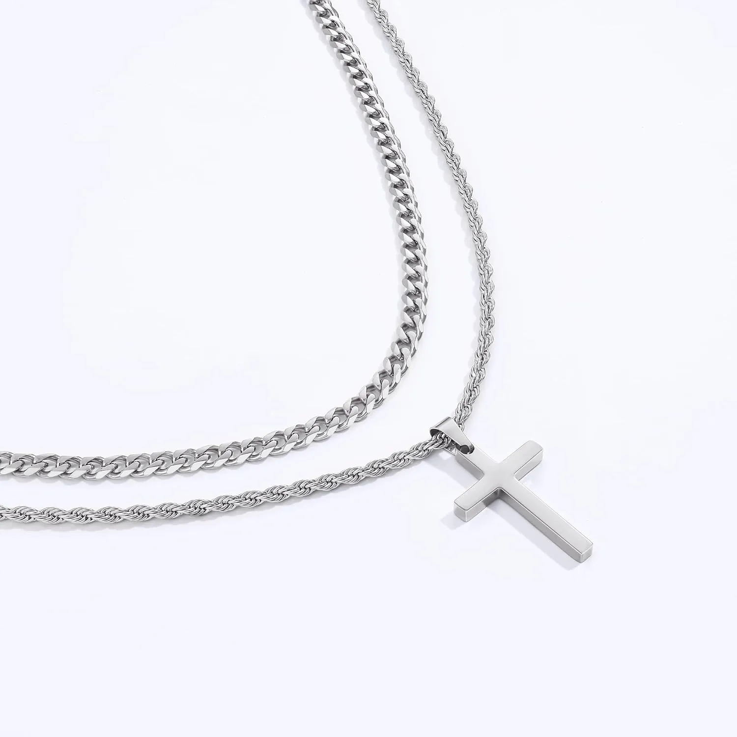 Fiusem 2 Pcs Cross Necklace Chain for Men and Women, Layered Mens Cross Necklaces Stainless Steel Pendant Cuban Link Rope Chain 16-26 Inch, Jewelry Gift