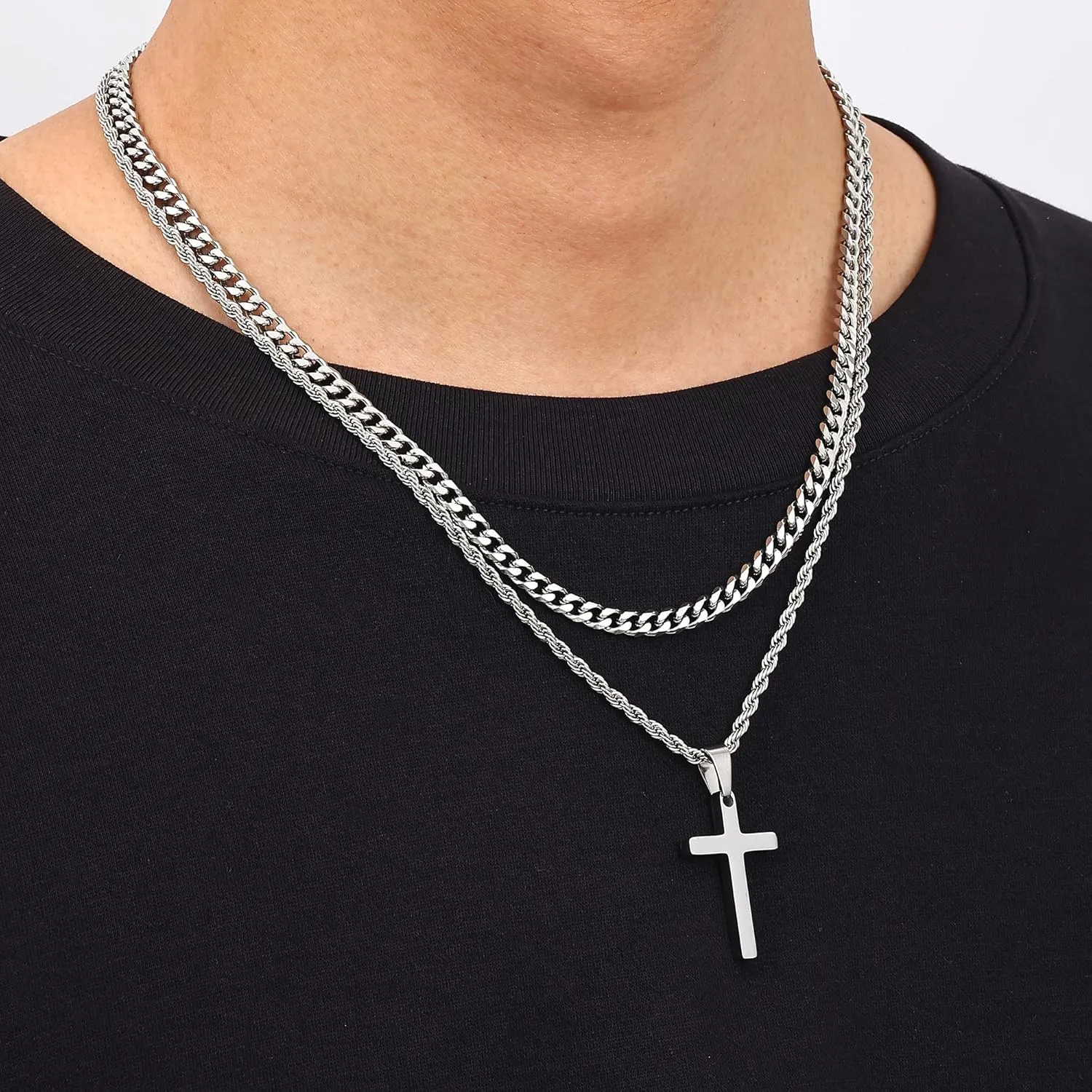 Fiusem 2 Pcs Cross Necklace Chain for Men and Women, Layered Mens Cross Necklaces Stainless Steel Pendant Cuban Link Rope Chain 16-26 Inch, Jewelry Gift