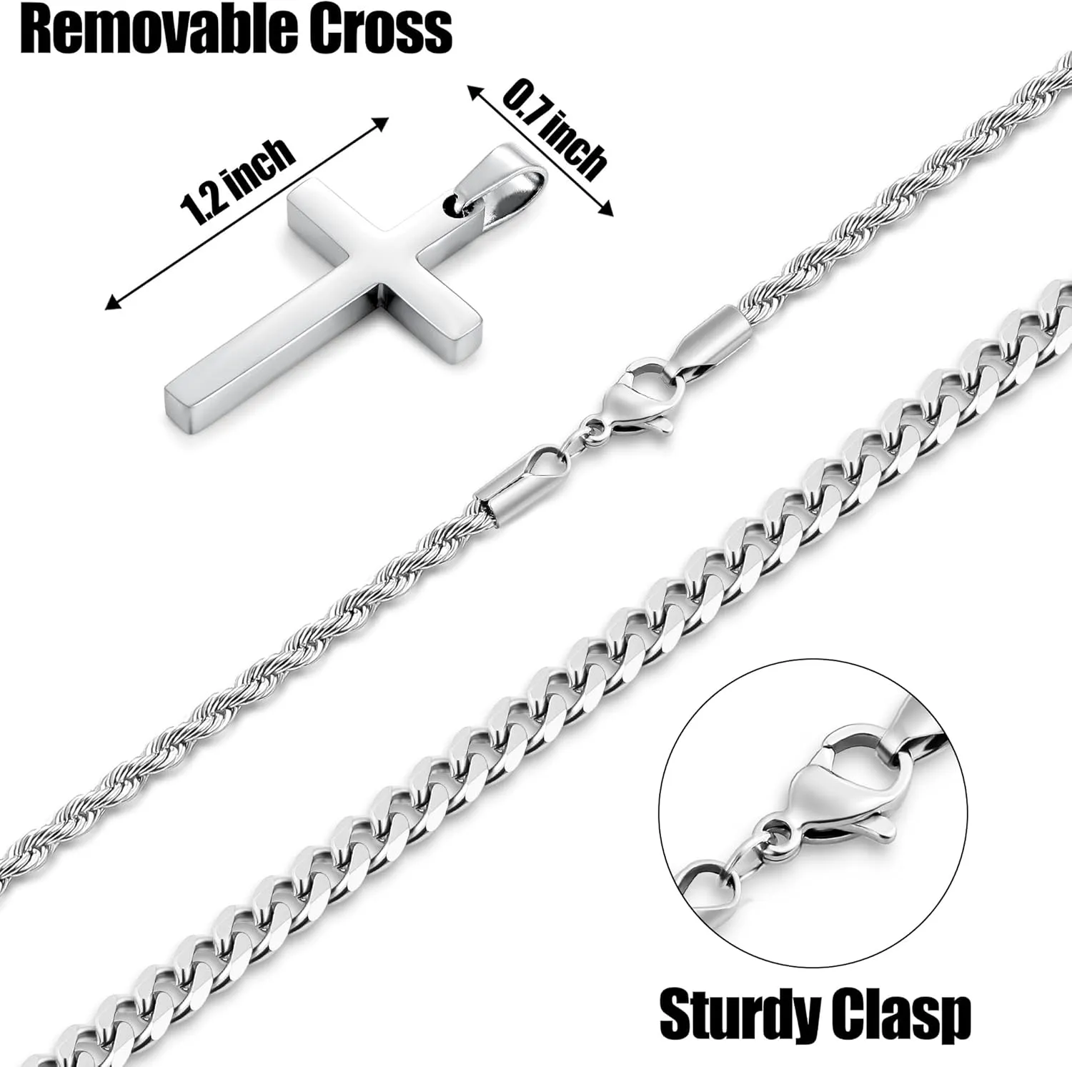 Fiusem 2 Pcs Cross Necklace Chain for Men and Women, Layered Mens Cross Necklaces Stainless Steel Pendant Cuban Link Rope Chain 16-26 Inch, Jewelry Gift