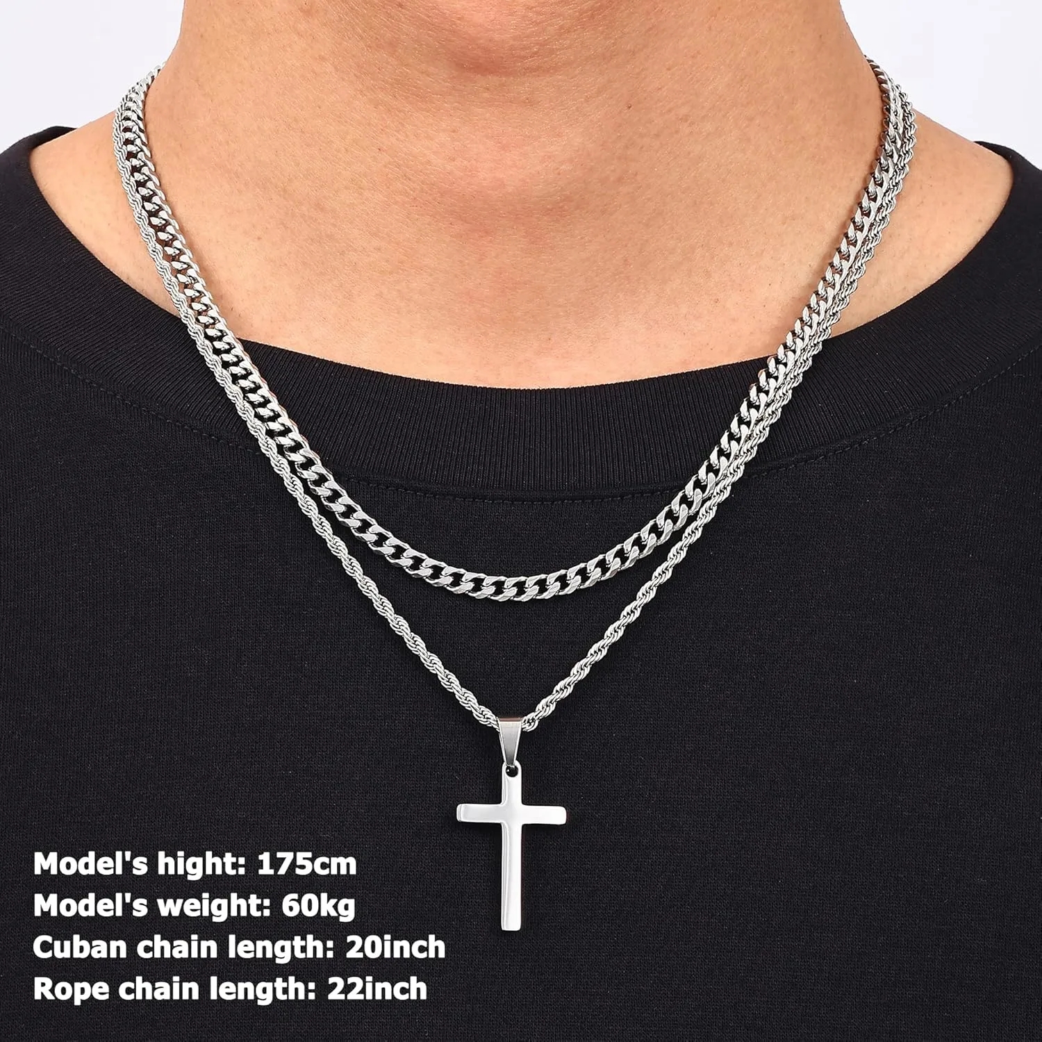 Fiusem 2 Pcs Cross Necklace Chain for Men and Women, Layered Mens Cross Necklaces Stainless Steel Pendant Cuban Link Rope Chain 16-26 Inch, Jewelry Gift