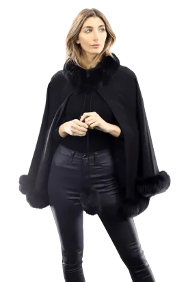 Fox Fur Trim with Fur Poms Cape - Black