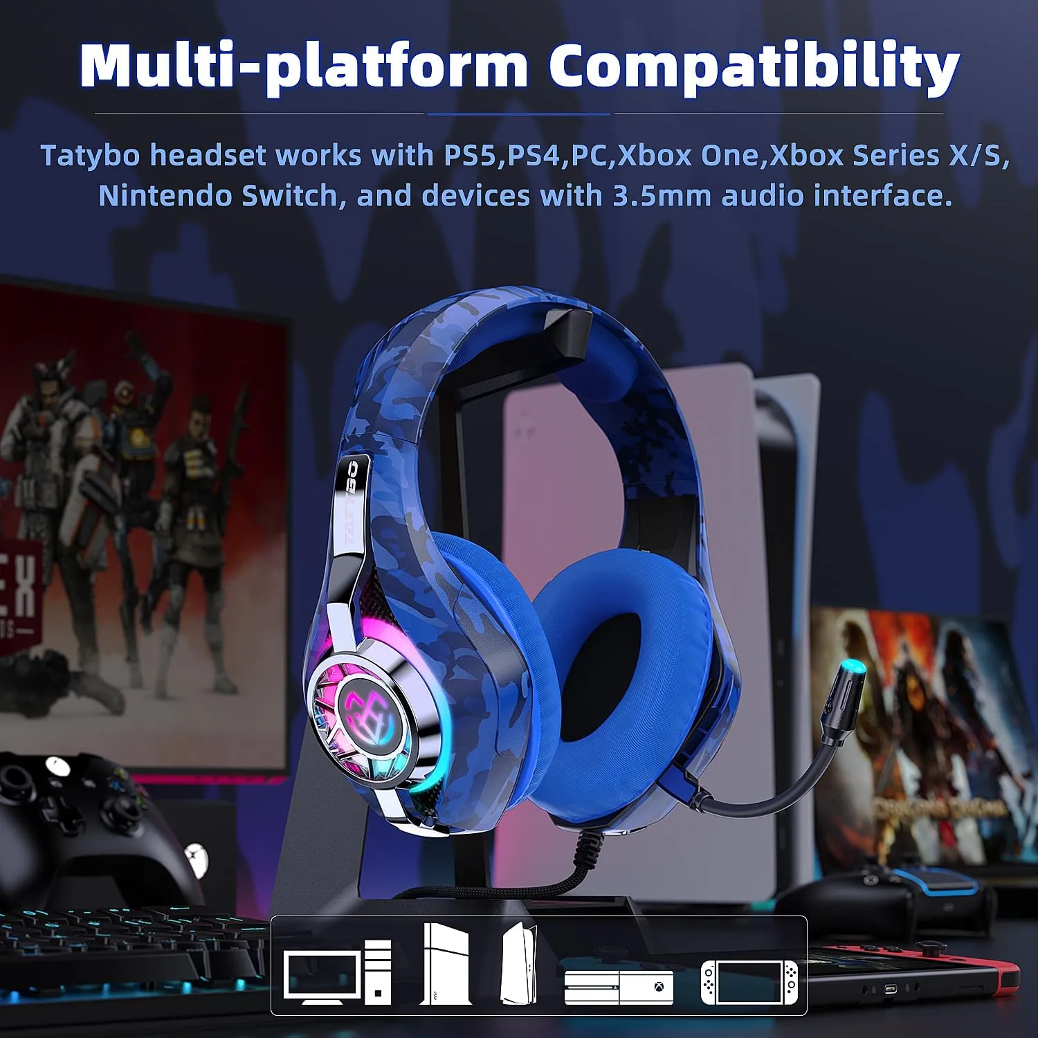 Gaming Headset for PS5 PS4 Switch Xbox PC, Surround Sound Gaming Headphones with Noise Canceling Mic