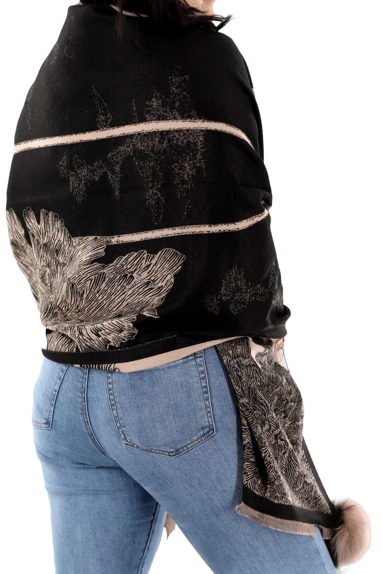Garden Print Wrap with Fox Fur Poms | Black/Taupe