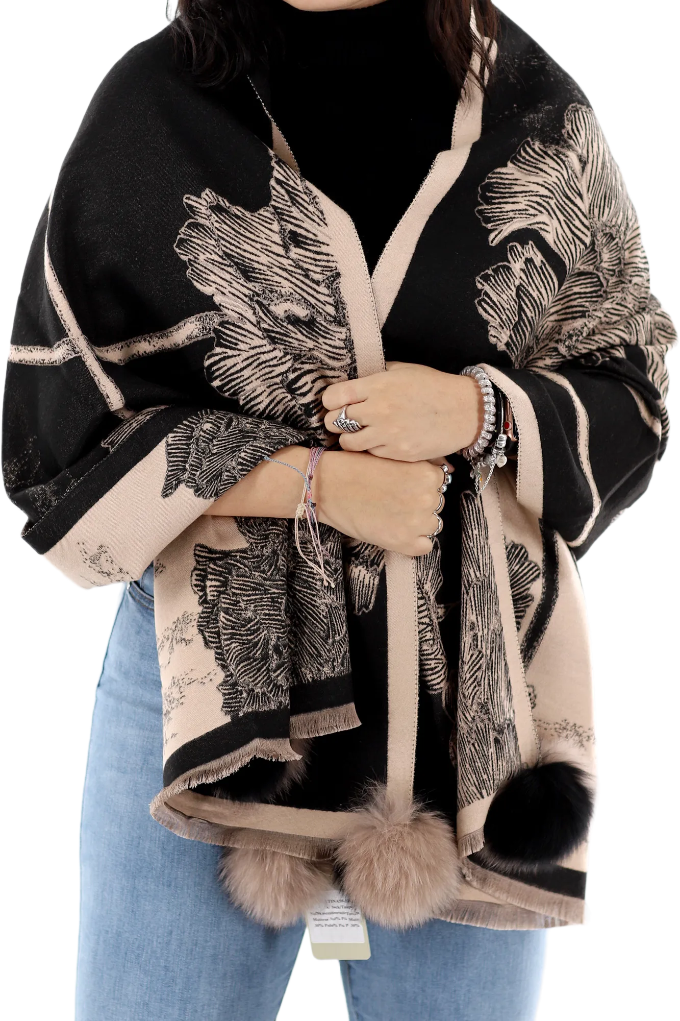 Garden Print Wrap with Fox Fur Poms | Black/Taupe
