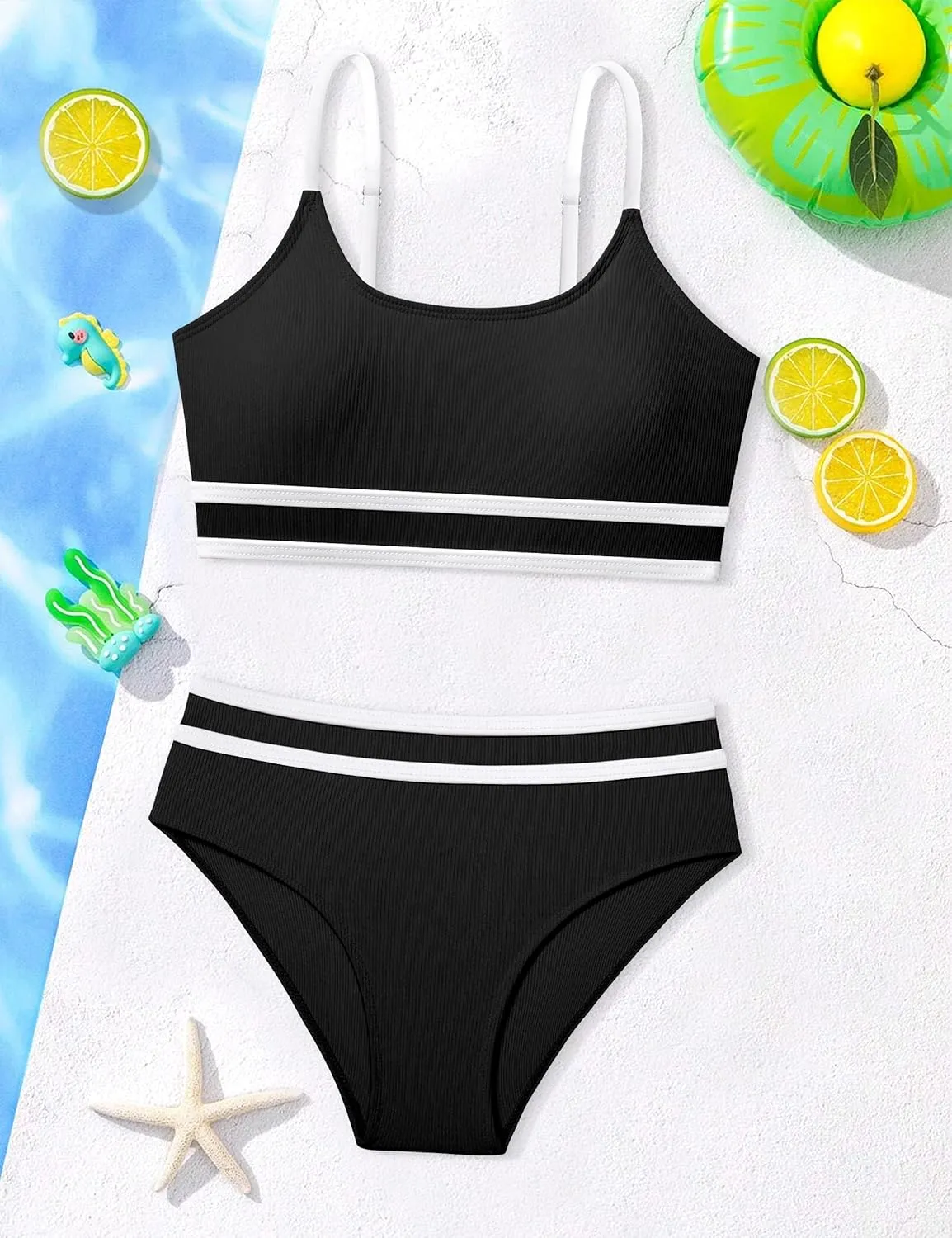 Girls Swimsuit Double Strap High Waist Sporty Bikini Swimsuits Swim Cover Up Skirt 3 Piece Set