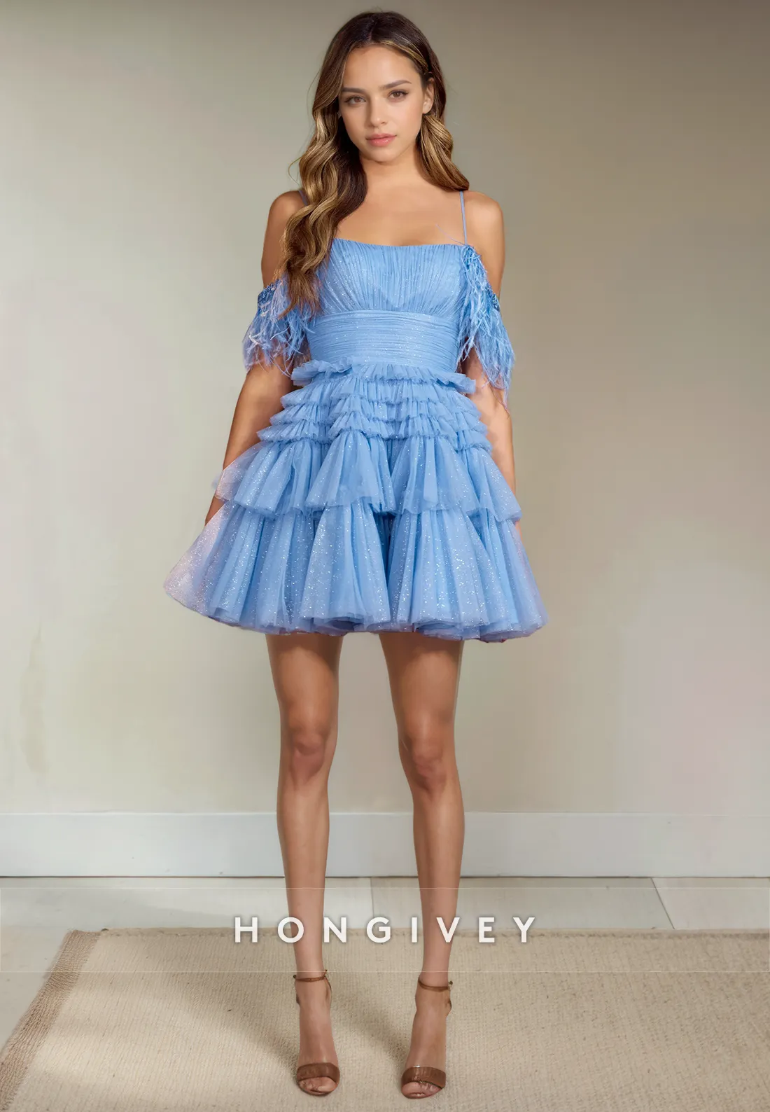 Glitter Tulle A-Line Square Off-Shoulder Tiered Short Homecoming Dress