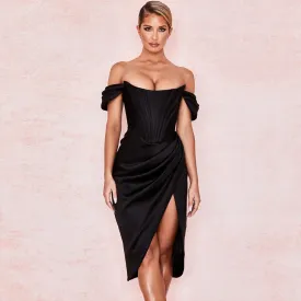 Glossy Satin Off Shoulder Draped Corset Cocktail Midi Dress - Black
