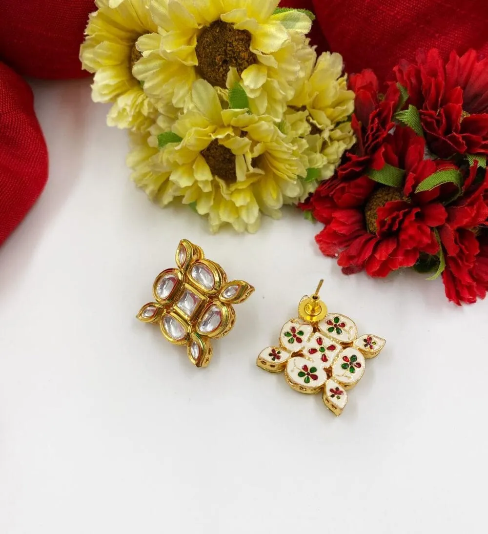Gold Plated Square Shape Studded Kundan Stud Earrings By Gehna Shop