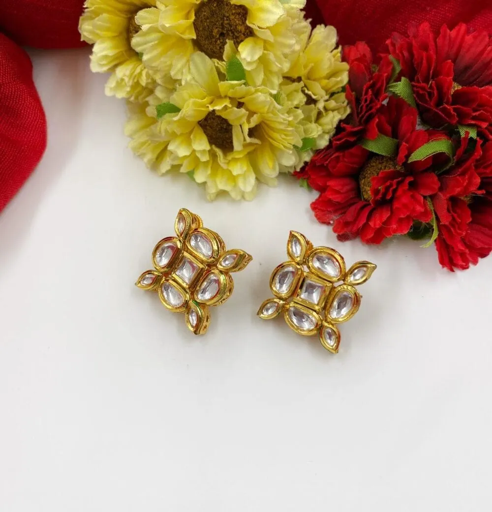 Gold Plated Square Shape Studded Kundan Stud Earrings By Gehna Shop