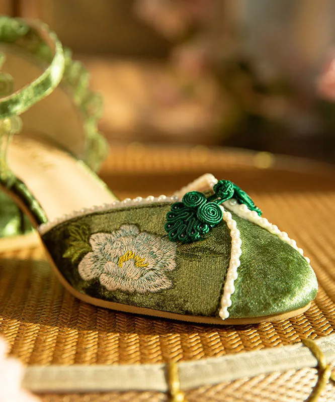 Green Chunky Heel Velour Fabric Nail Bead Embroidery Fine Splicing LY7697