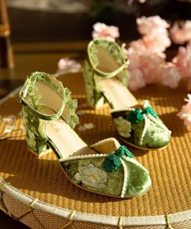 Green Chunky Heel Velour Fabric Nail Bead Embroidery Fine Splicing LY7697