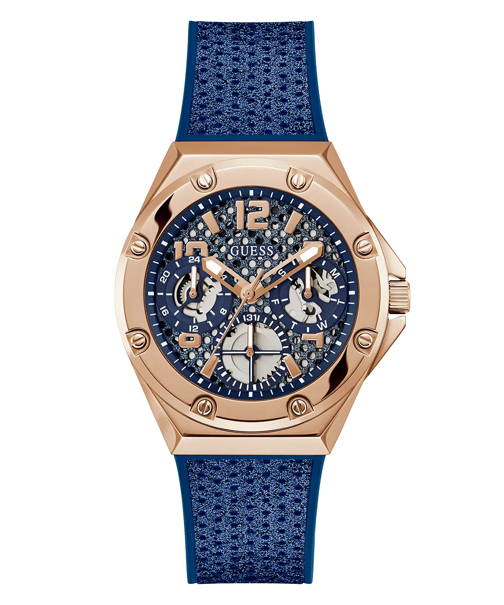 GUESS Ladies Blue Rose Gold Tone Multi-function Watch