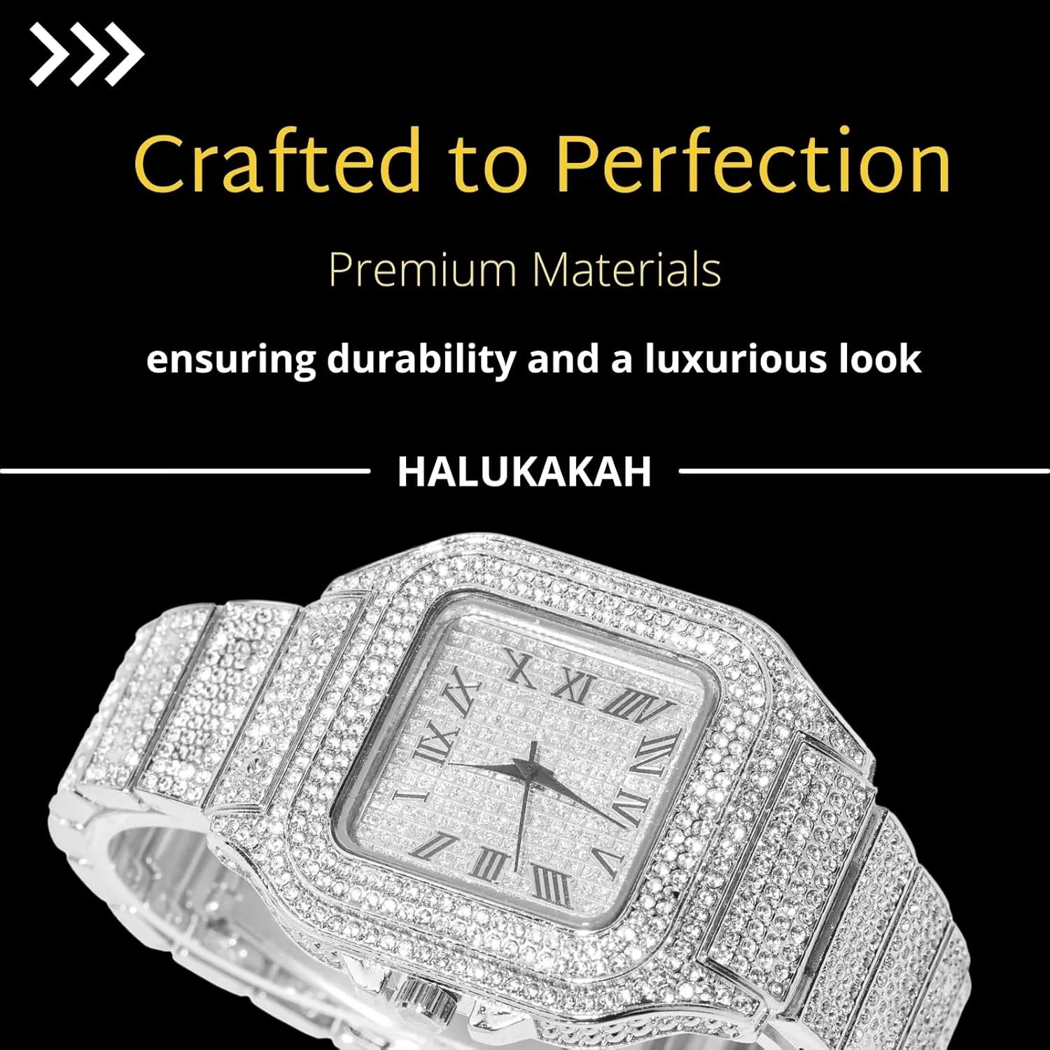 Halukakah Diamonds Watch Iced Out for Boy Teens Kids - 18K Real Gold/Platinum/Rhodium Black Plated,40mm Square Dial,Japanese Quartz - 8" Length - Optional with Cuban Link Chain,with Adjuster Tool