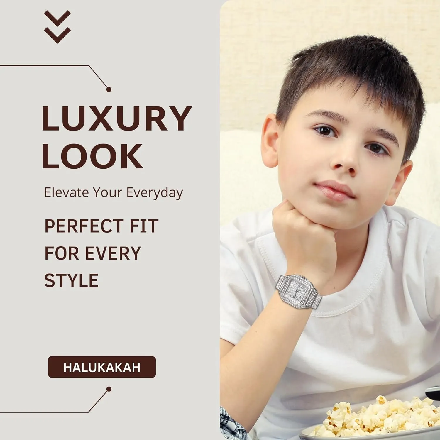 Halukakah Diamonds Watch Iced Out for Boy Teens Kids - 18K Real Gold/Platinum/Rhodium Black Plated,40mm Square Dial,Japanese Quartz - 8" Length - Optional with Cuban Link Chain,with Adjuster Tool