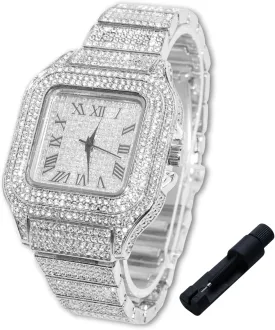 Halukakah Diamonds Watch Iced Out for Boy Teens Kids - 18K Real Gold/Platinum/Rhodium Black Plated,40mm Square Dial,Japanese Quartz - 8" Length - Optional with Cuban Link Chain,with Adjuster Tool