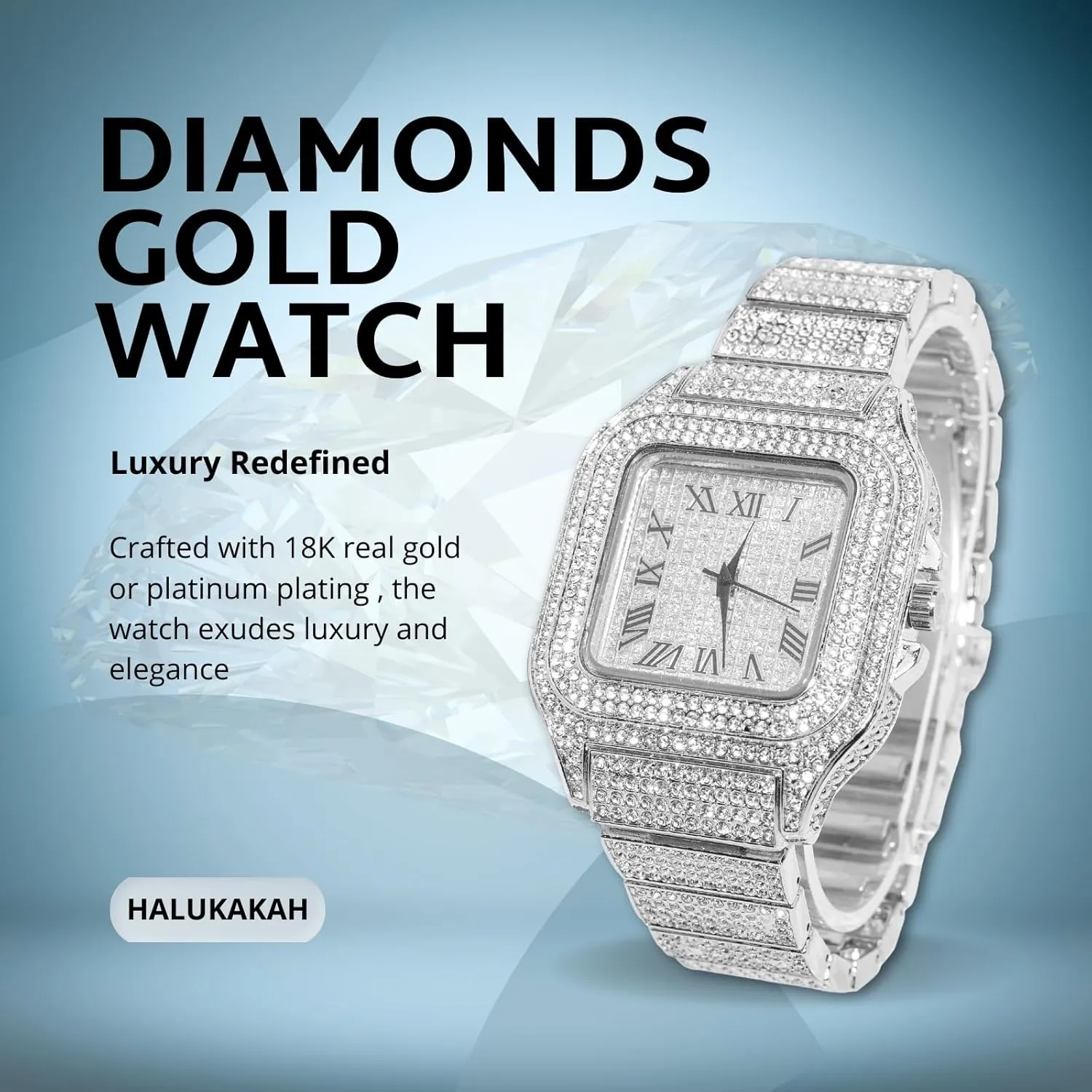 Halukakah Diamonds Watch Iced Out for Boy Teens Kids - 18K Real Gold/Platinum/Rhodium Black Plated,40mm Square Dial,Japanese Quartz - 8" Length - Optional with Cuban Link Chain,with Adjuster Tool