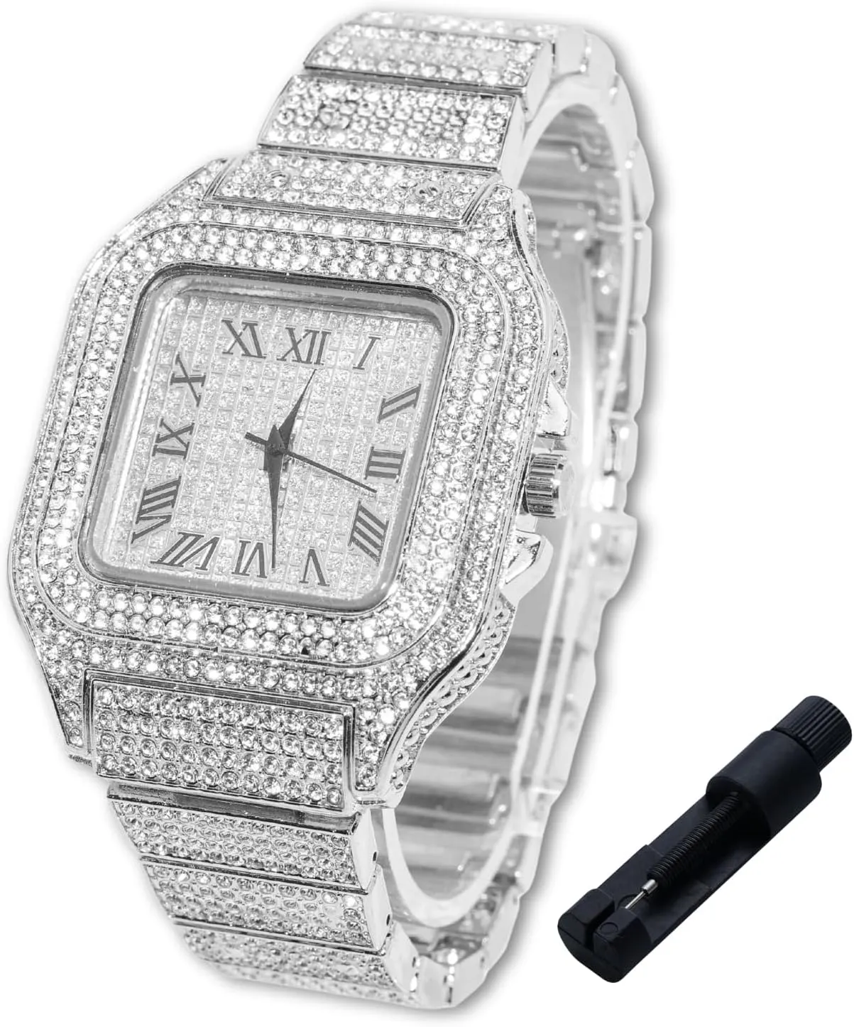 Halukakah Diamonds Watch Iced Out for Boy Teens Kids - 18K Real Gold/Platinum/Rhodium Black Plated,40mm Square Dial,Japanese Quartz - 8" Length - Optional with Cuban Link Chain,with Adjuster Tool