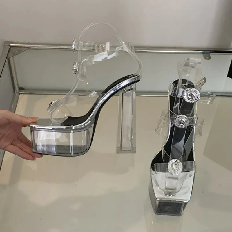 Hnzxzm 2024 New Fashion Buckle Bowknot Transparent Sandals Women Clear Platform Shoe Sexy Square Toe Pole Dance Chunky High Heels