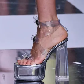Hnzxzm 2024 New Fashion Buckle Bowknot Transparent Sandals Women Clear Platform Shoe Sexy Square Toe Pole Dance Chunky High Heels