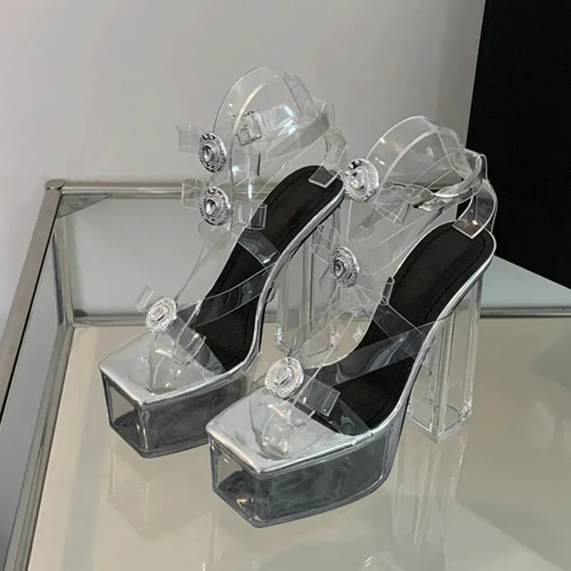 Hnzxzm 2024 New Fashion Buckle Bowknot Transparent Sandals Women Clear Platform Shoe Sexy Square Toe Pole Dance Chunky High Heels