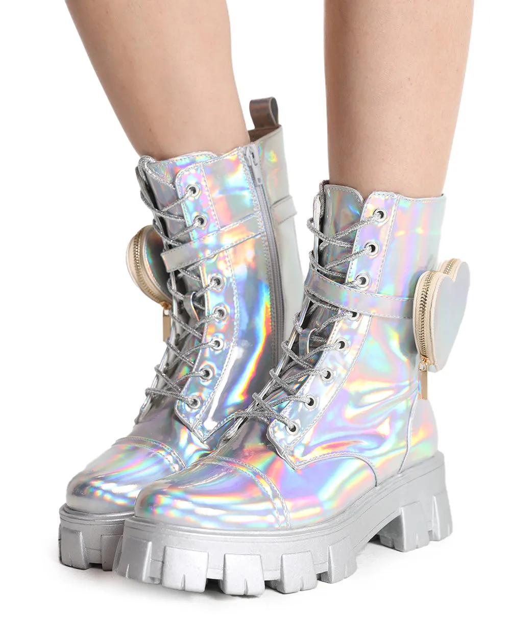 iHeartRaves Lovestruck Holo Combat Boots with Heart Pocket