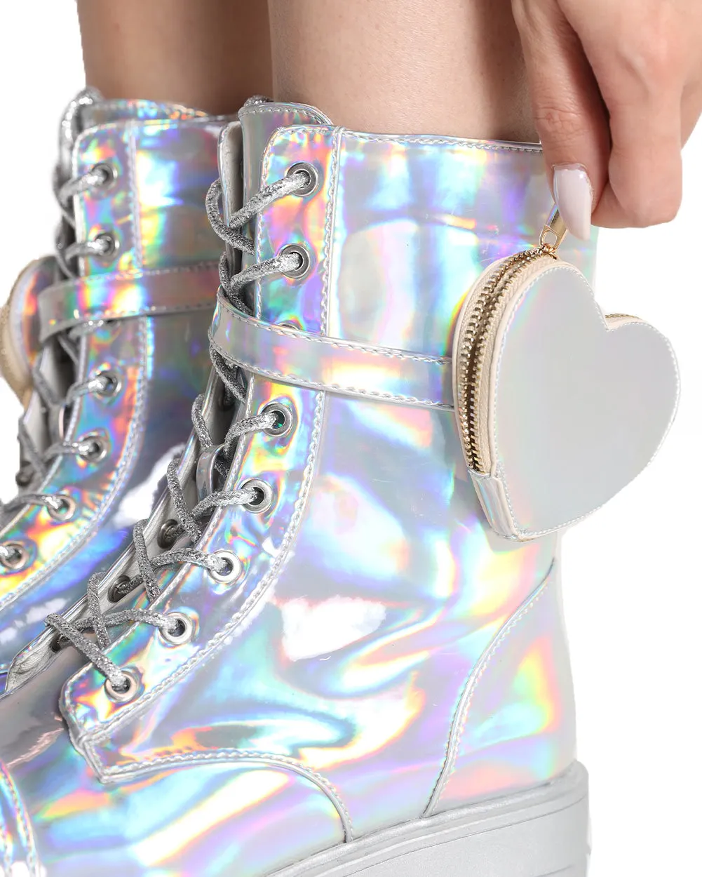 iHeartRaves Lovestruck Holo Combat Boots with Heart Pocket
