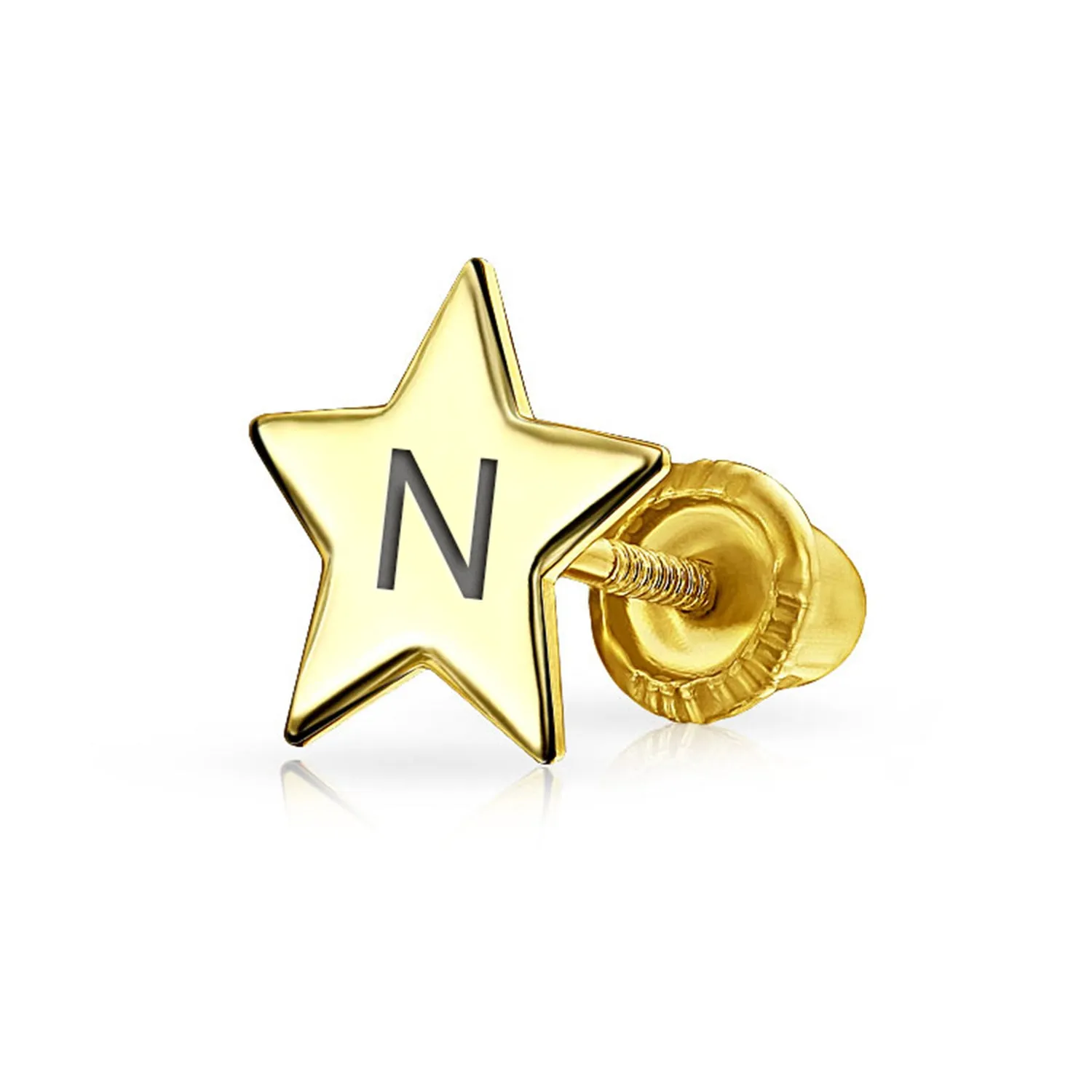 Initial Letter Alphabet Celestial Star Threader Earlobe Stud Earrings 14K Gold