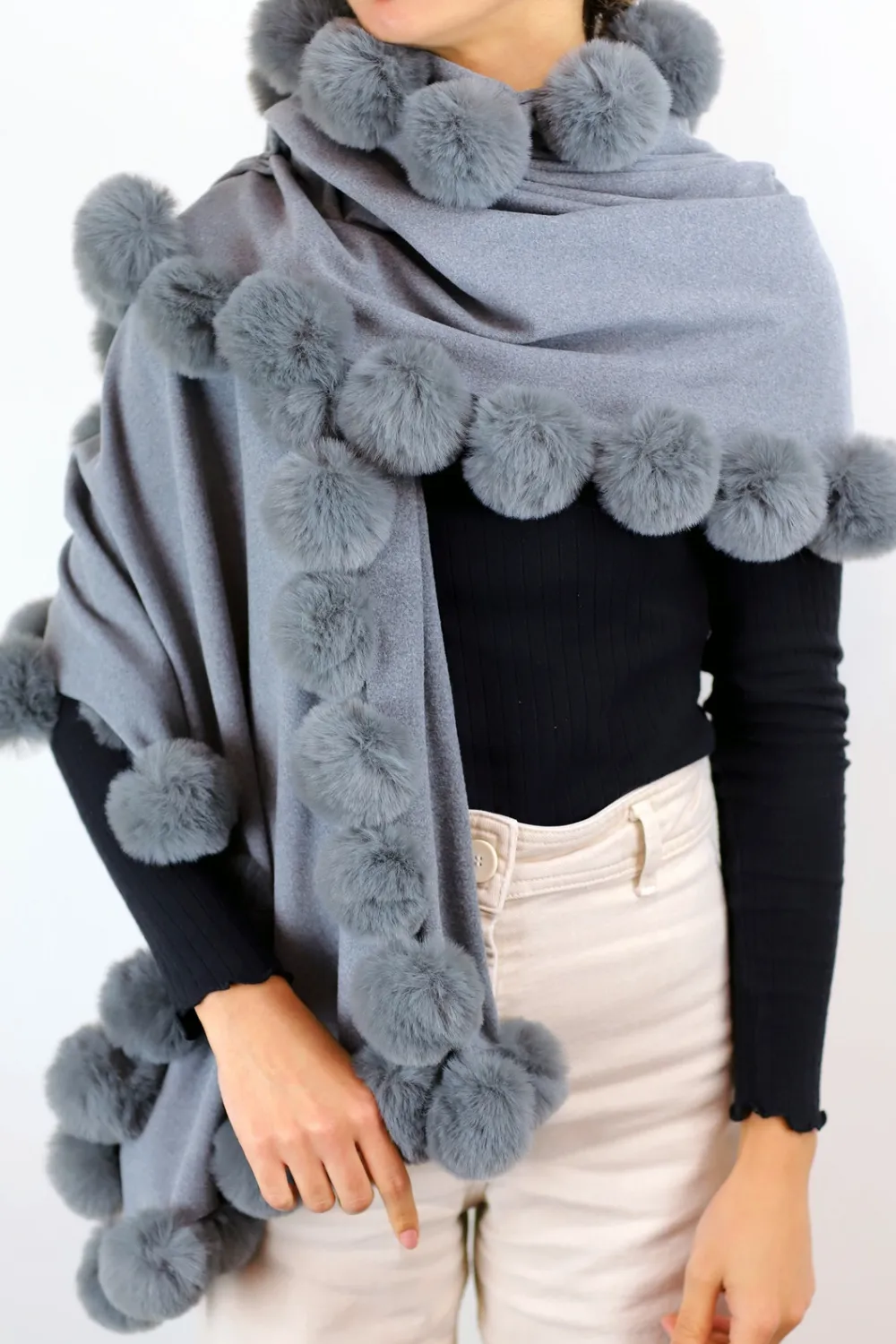 La Fiorentina Wrap /w Faux Pom-Pom Detail - Grey