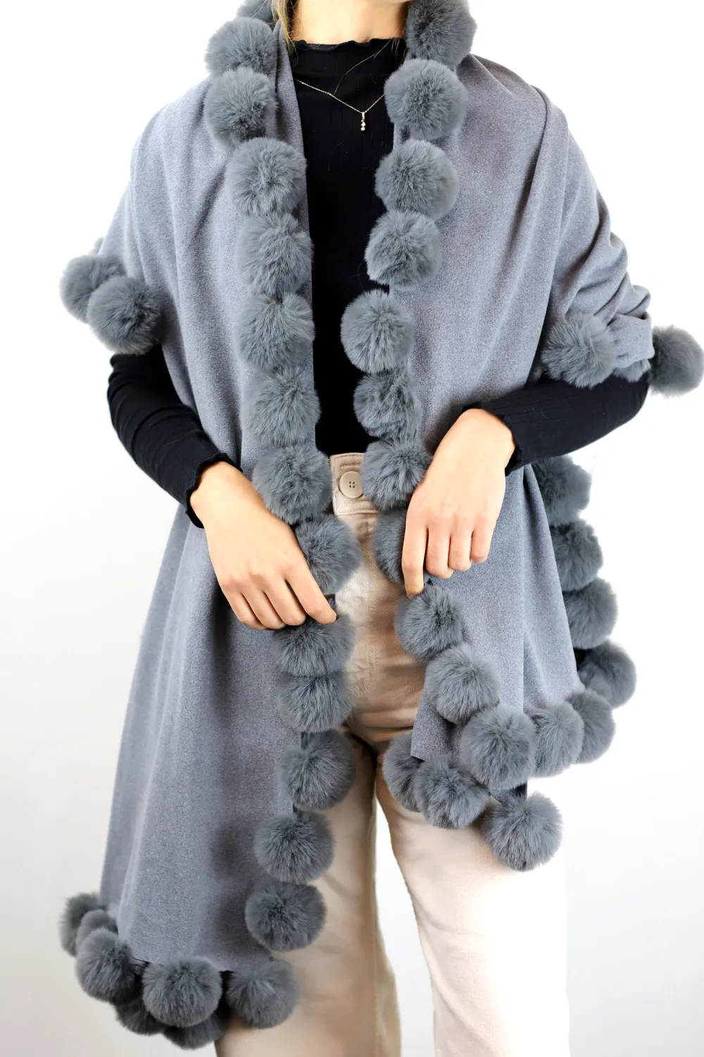 La Fiorentina Wrap /w Faux Pom-Pom Detail - Grey