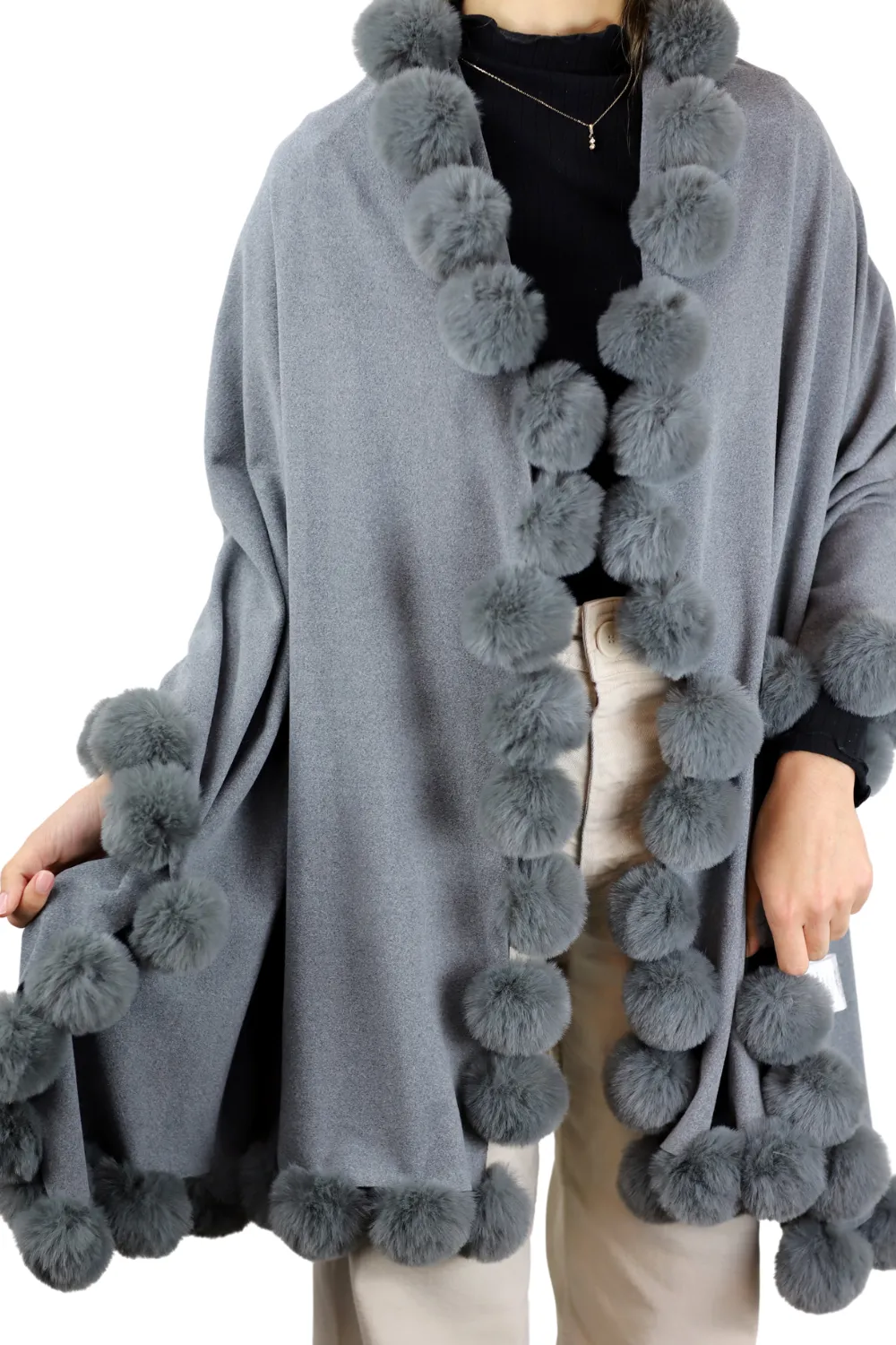 La Fiorentina Wrap /w Faux Pom-Pom Detail - Grey