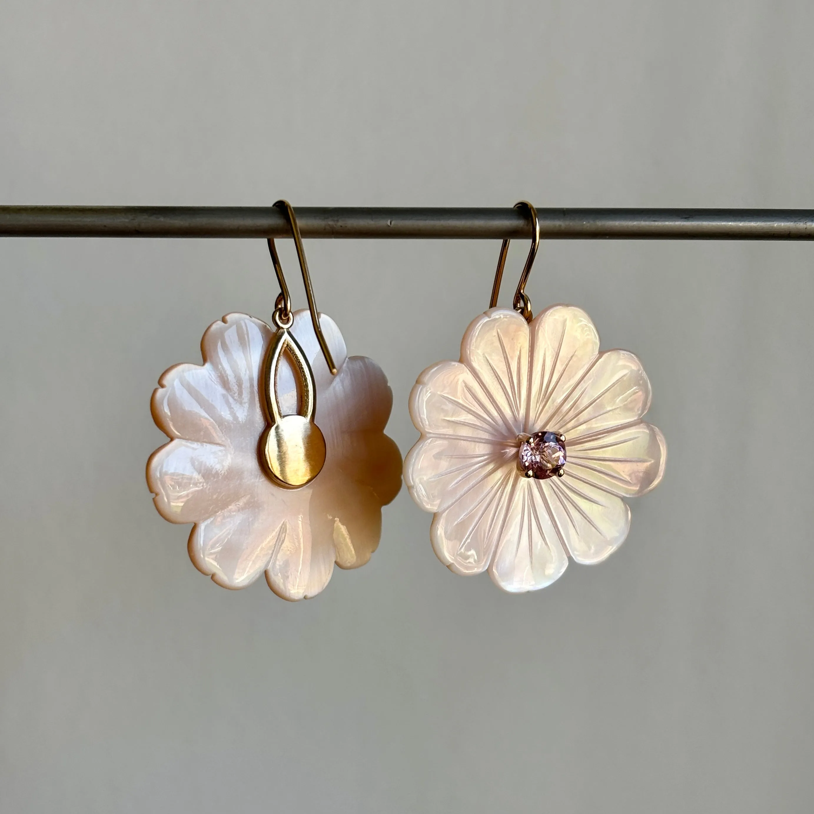 Large Mother of Pearl Flower Earrings with Light Tourmalines