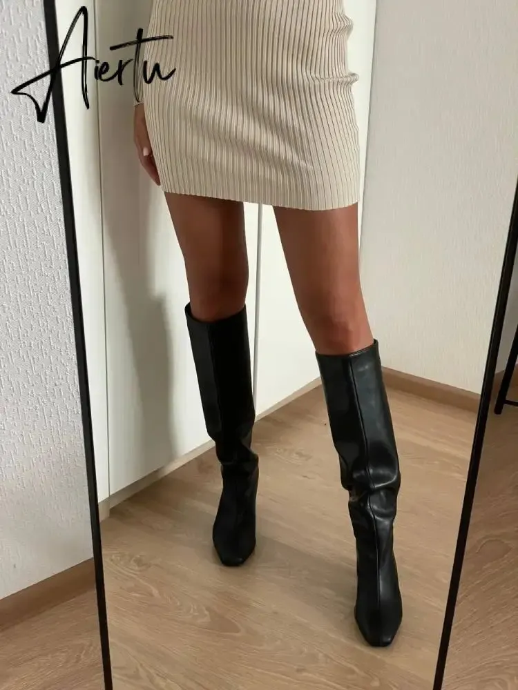 Meotina Women Genuine Leather Knee High Boots Square Toe Chunky High Heels Zipper Long Boots Lady Fashion Shoes Autumn Winter 43
