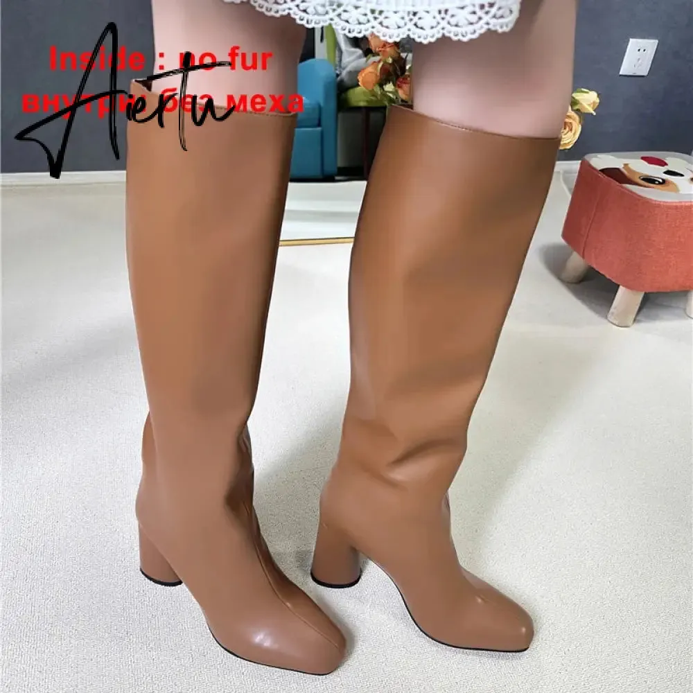 Meotina Women Genuine Leather Knee High Boots Square Toe Chunky High Heels Zipper Long Boots Lady Fashion Shoes Autumn Winter 43