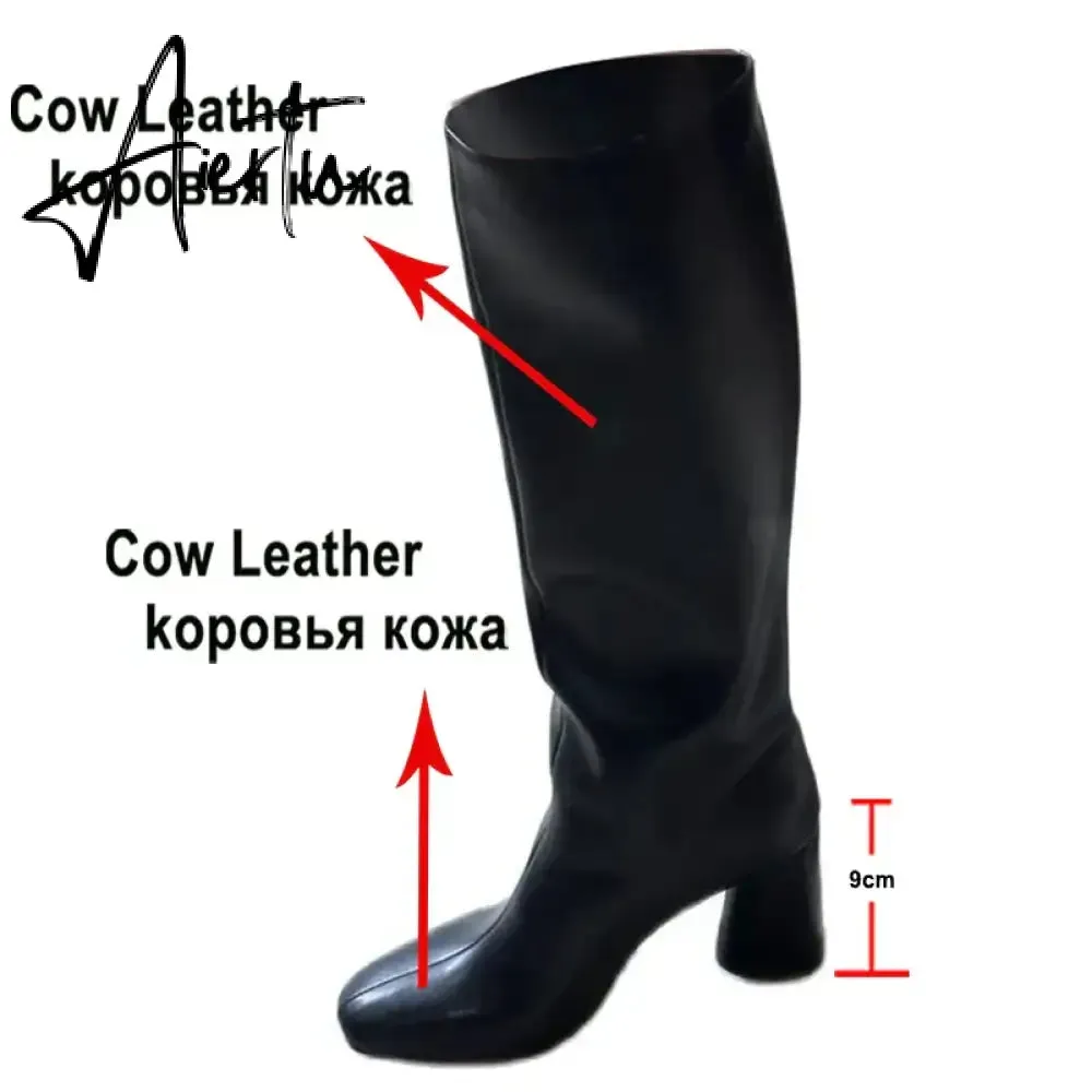 Meotina Women Genuine Leather Knee High Boots Square Toe Chunky High Heels Zipper Long Boots Lady Fashion Shoes Autumn Winter 43