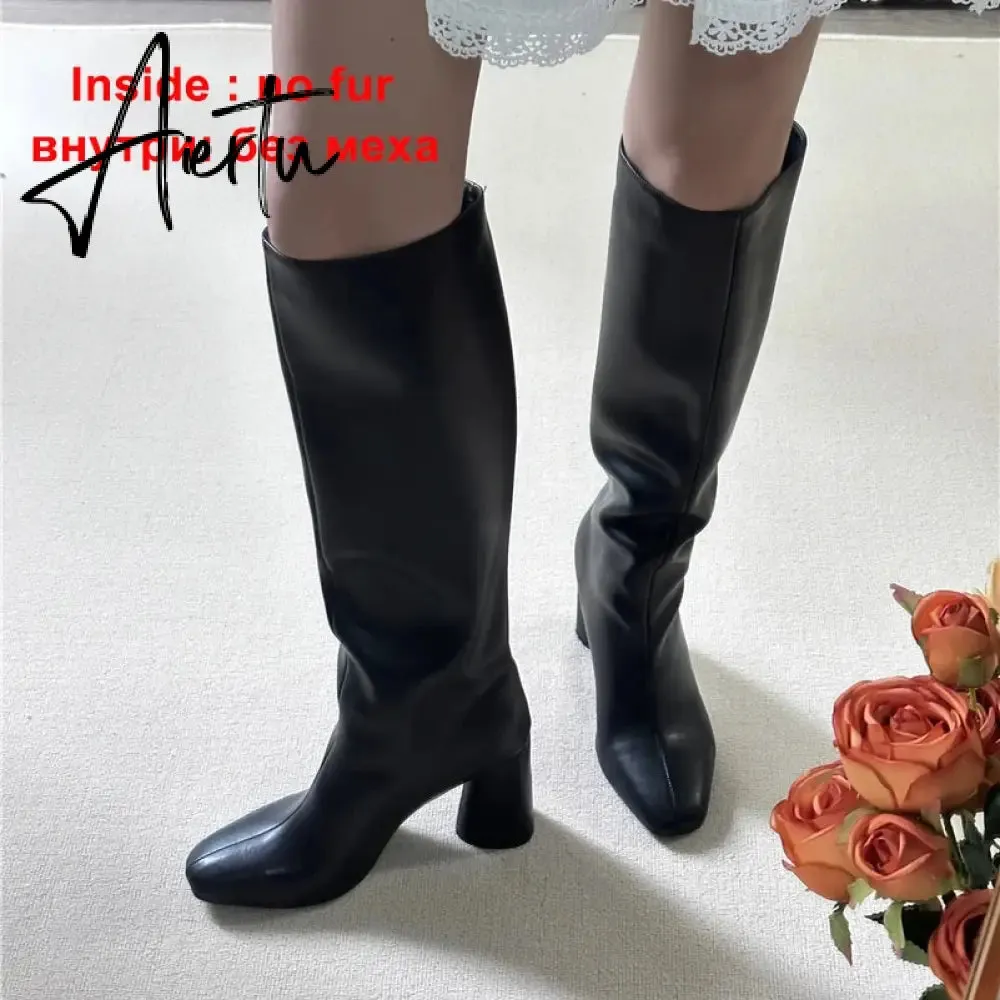 Meotina Women Genuine Leather Knee High Boots Square Toe Chunky High Heels Zipper Long Boots Lady Fashion Shoes Autumn Winter 43