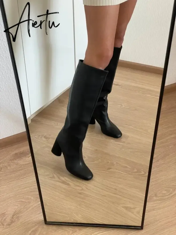 Meotina Women Genuine Leather Knee High Boots Square Toe Chunky High Heels Zipper Long Boots Lady Fashion Shoes Autumn Winter 43