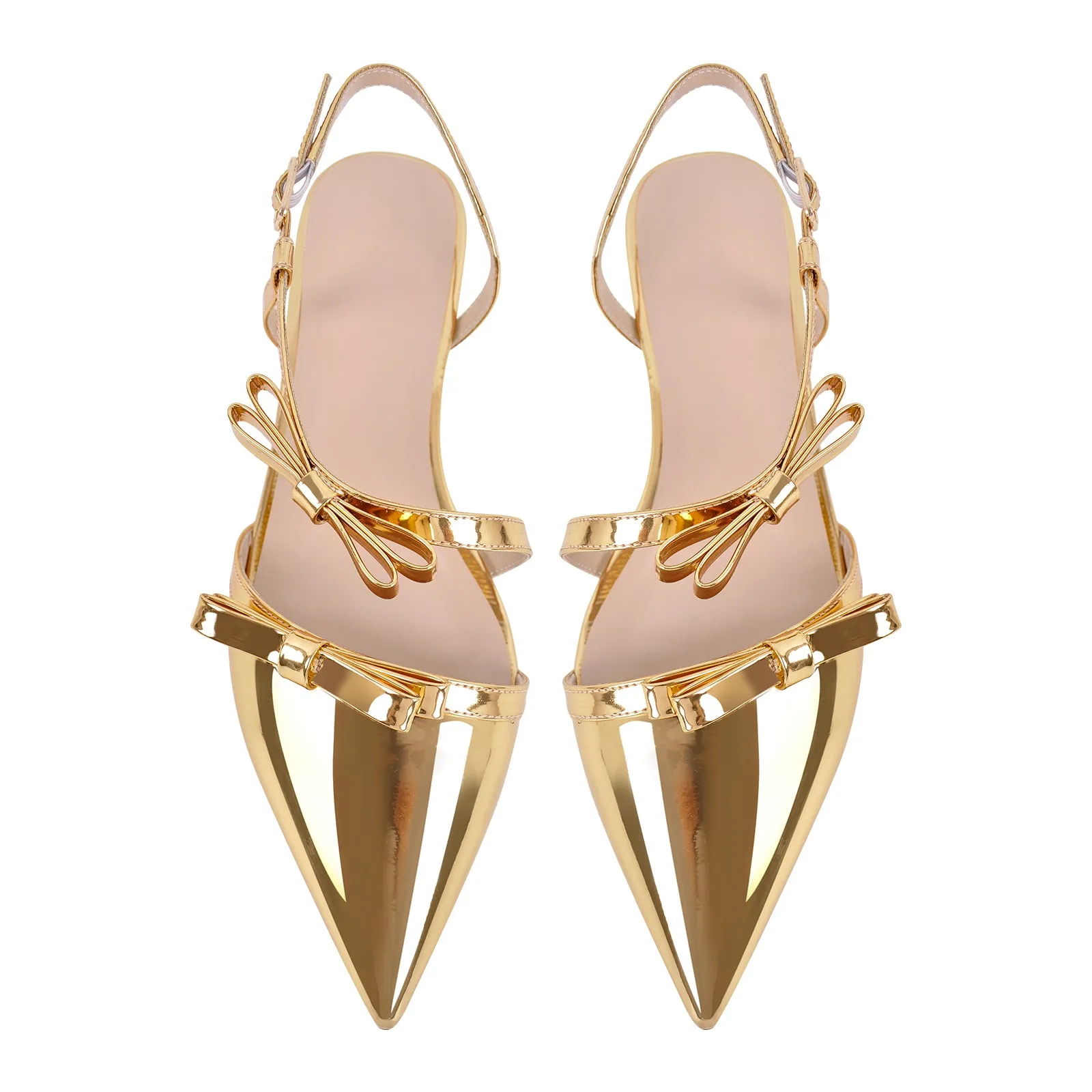 Metallic Bow Pointed Toe Round Heel Slingback Flats