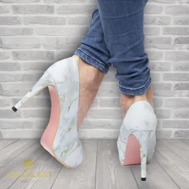 Modern Bright White Marble Print Premium Women's Platform Heels Stiletto Pumps