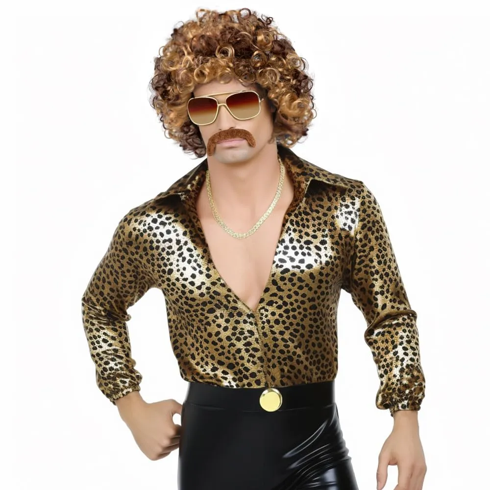 MOVINPE 70's Brown Afro Wig for Men Sunglasses Necklace Moustache Disco Wigs for Men Halloween 70s Disco Accessories (Short/Afro/Brown)
