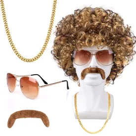 MOVINPE 70's Brown Afro Wig for Men Sunglasses Necklace Moustache Disco Wigs for Men Halloween 70s Disco Accessories (Short/Afro/Brown)