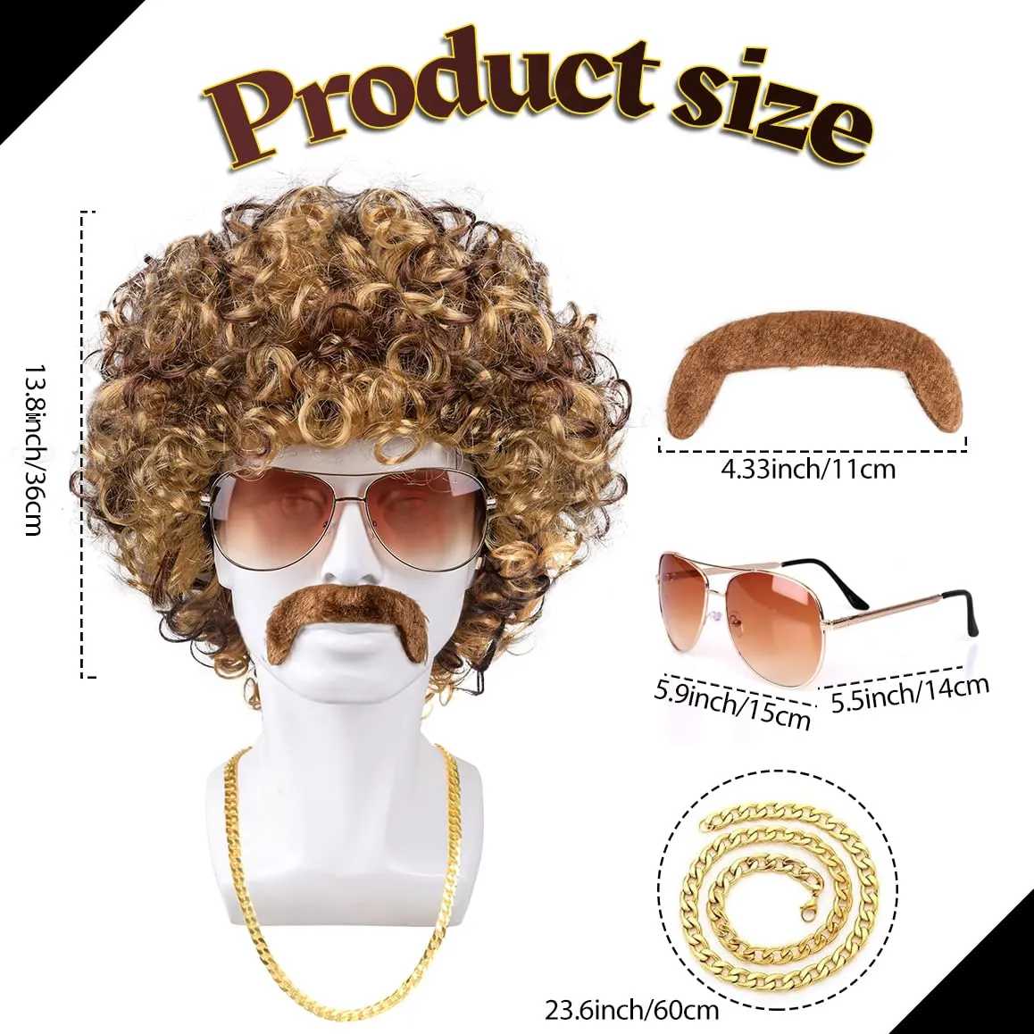 MOVINPE 70's Brown Afro Wig for Men Sunglasses Necklace Moustache Disco Wigs for Men Halloween 70s Disco Accessories (Short/Afro/Brown)