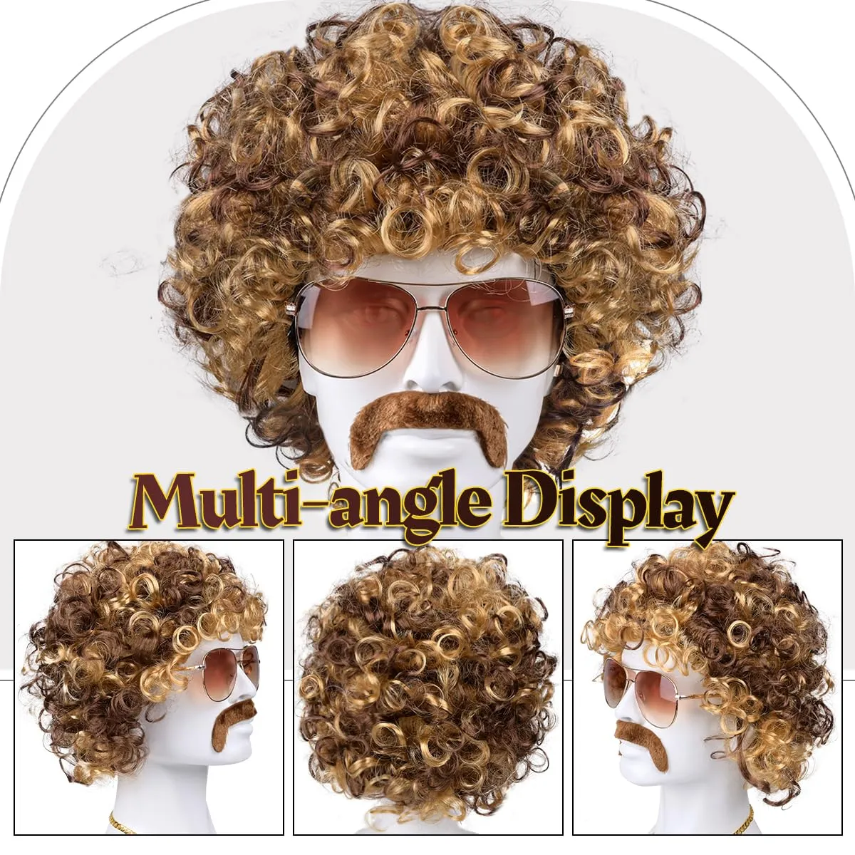 MOVINPE 70's Brown Afro Wig for Men Sunglasses Necklace Moustache Disco Wigs for Men Halloween 70s Disco Accessories (Short/Afro/Brown)